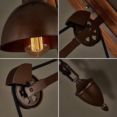 Miniatura 7 de Aplique de pared industrial vintage con polea ajustable con cúpula de metal y lámpara de pared de madera rústica para dormitorio, sala de estar,