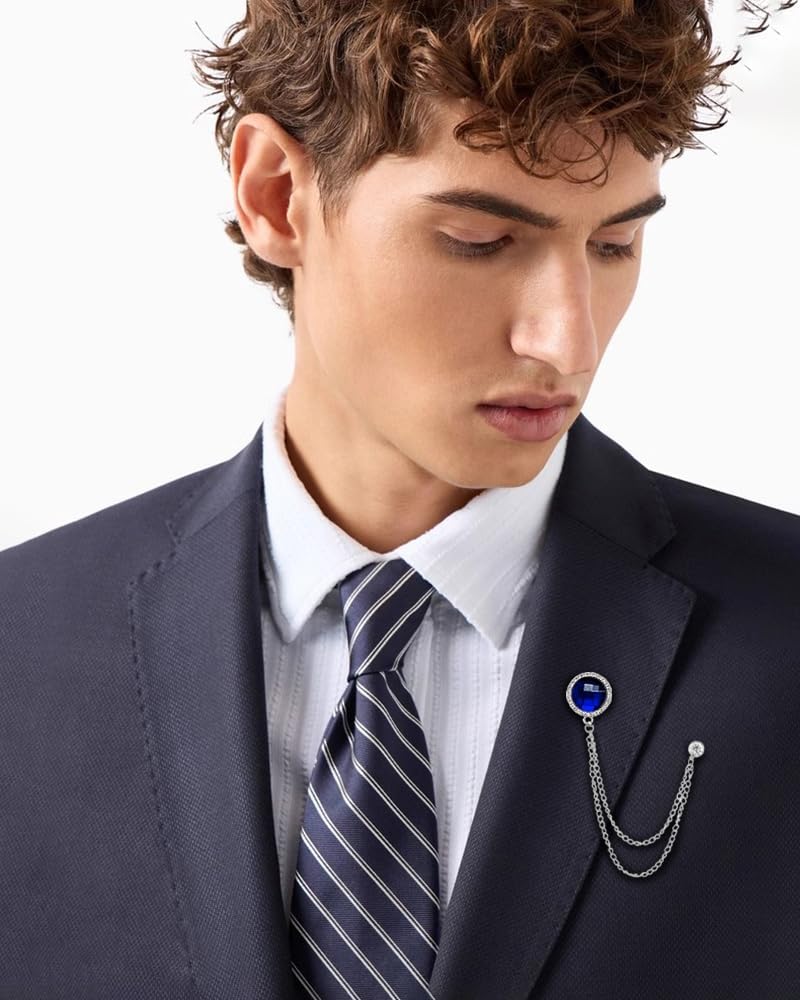Round Green CZ Hanging Layered Chains Brooch Lapel Pins Badge Gold Plated Crystal Collar Pin for Men Career Suit Tuxedo Shirts Tie Hat Scarf Accessories Decoration Fashion Jewelry