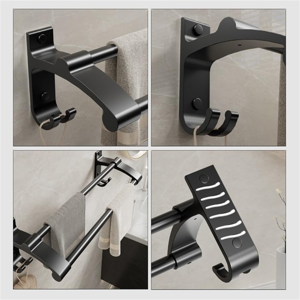 LUUYYI Estante de baño con ganchos, colgador de toallas de aluminio grueso, sin taladrar, toallero montado en la pared, moderno para decoración del hogar, estantes flotantes (gris pistola, 70 cm)