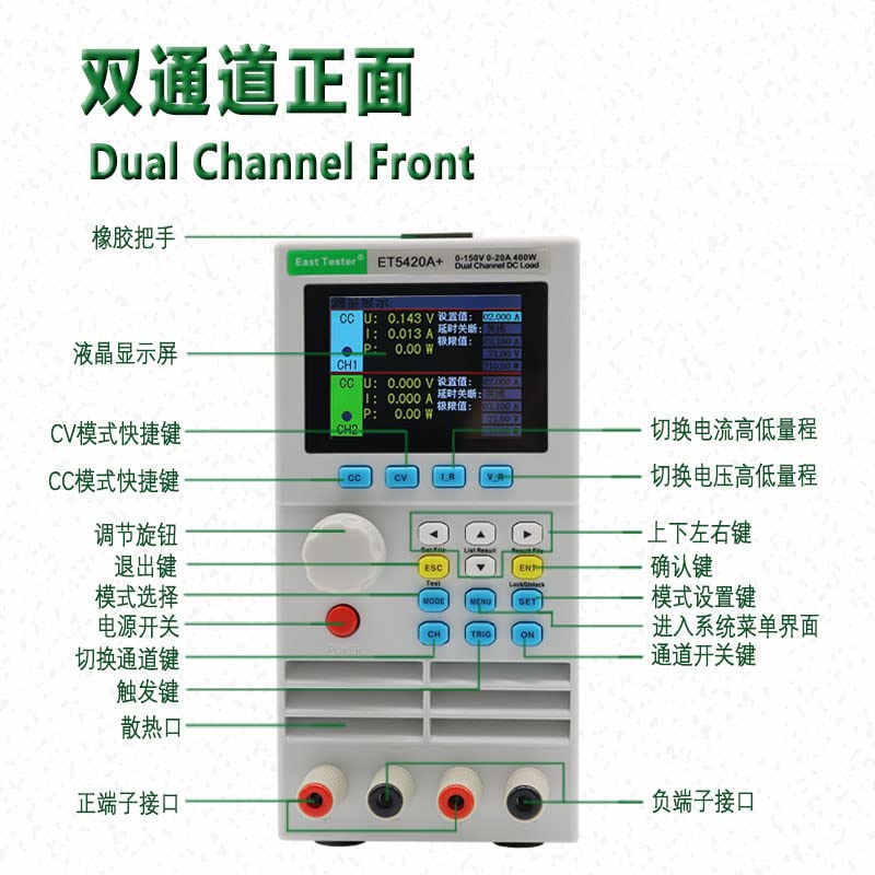 Front panel of the East Tester ET5410A+ electronic load with labels for controls and display.