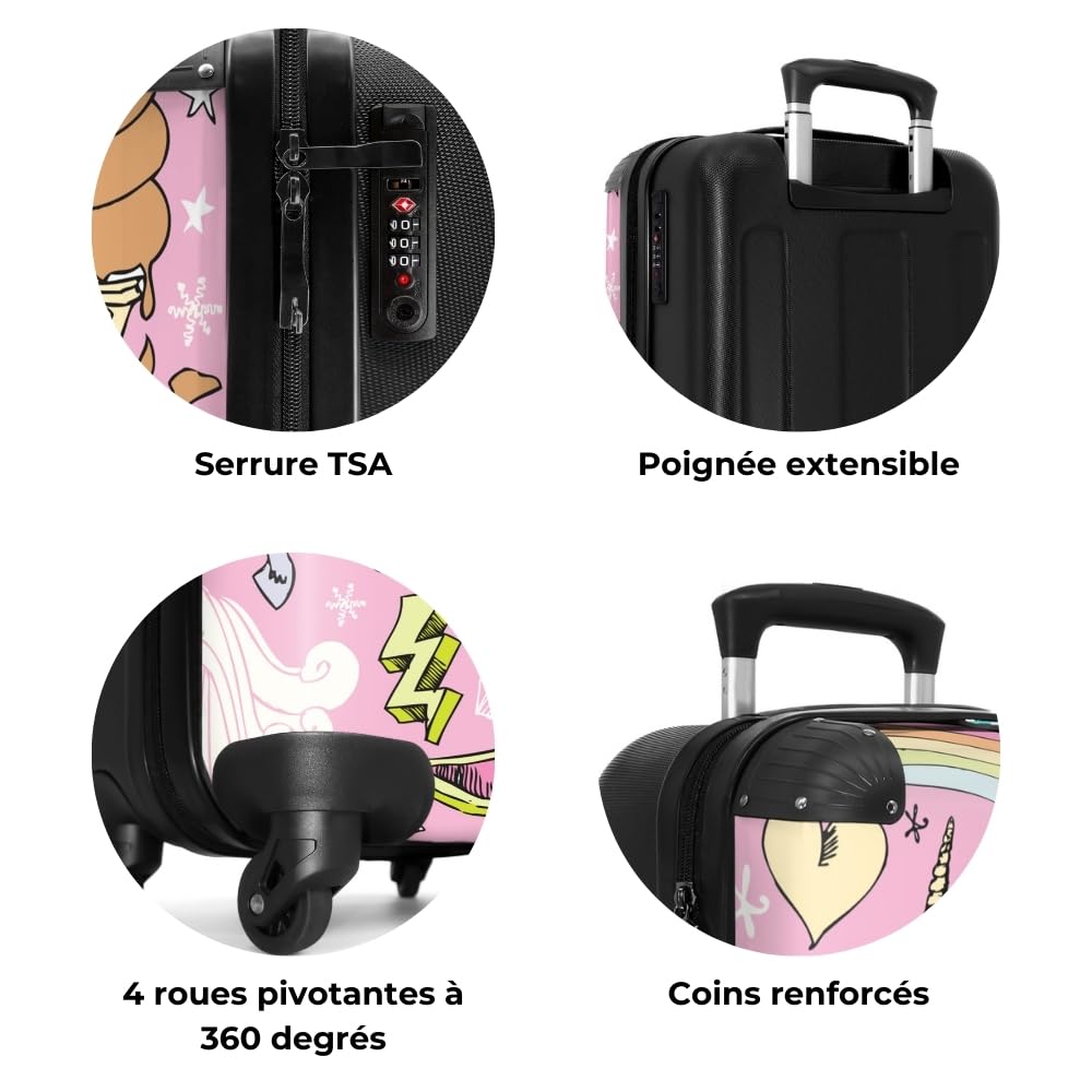 NoBoringSuitcases.com Bagage Enfant, Valise Cabine Fille, Valise Roulette Rose, Dessin de Licorne - 55x35x25cm