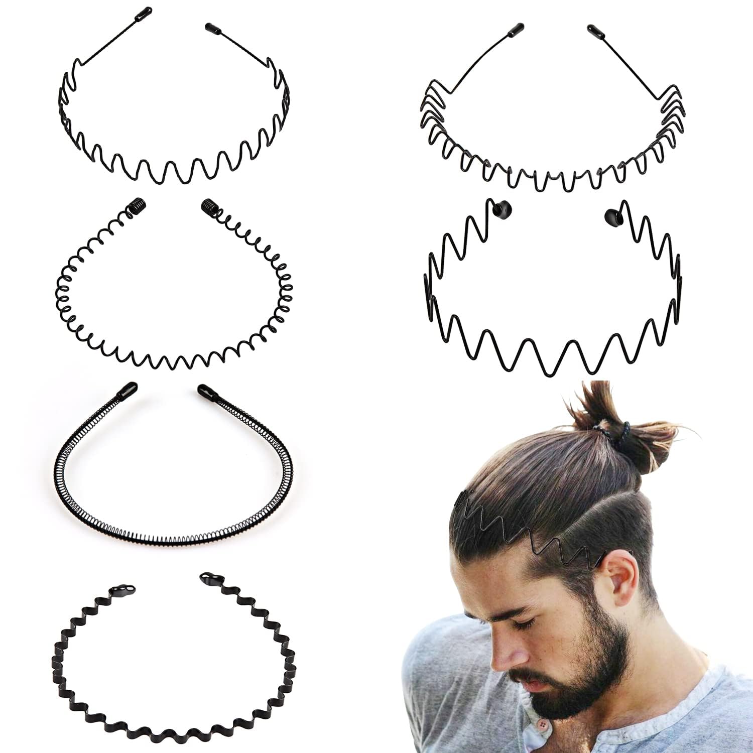 Diversa 6pcs Black Hair Band for Men & Boys, Metal Wave Headband for Outdoor Sports, Wear &Yoga Non-Slip Headband Hair Accessories