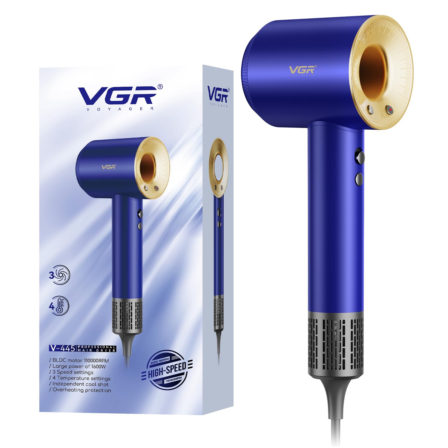 VGR V-445 Professional Hair Dryer, High-Speed 11000 RPM BLDC Motor with 3 Speed & 4 Temperature Settings, Independent Cool Shot, Overheat Protection, 1600W (Blue)-image-24