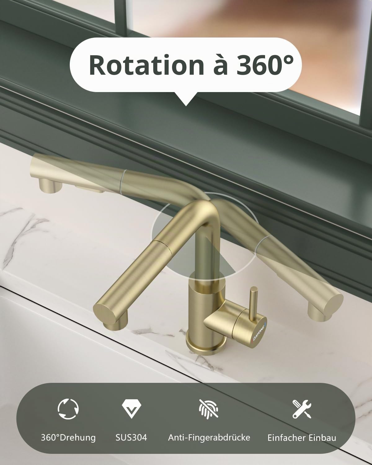 DAYONE Robinet de cuisine doré brossé avec douchette extractible, en acier inoxydable SUS304, robinet de cuisine haute pression avec deux fonctions de pulvérisation, mitigeur pivotant à 360°