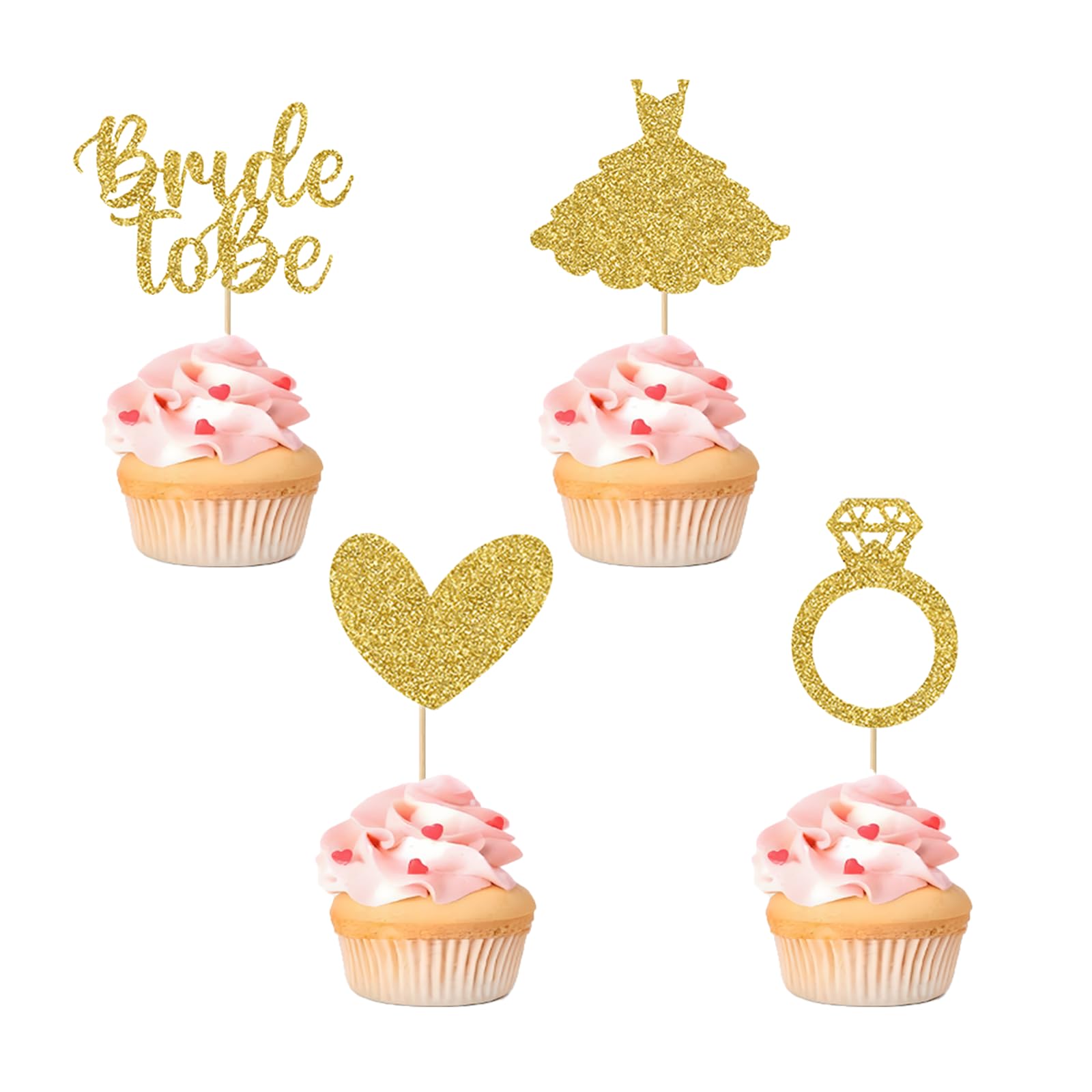 24Pcs Bride To Be Cupcake Toppers Wedding Dress Ring Heart Glitter Cake Toppers Decorations for Wedding Engagement Party Bridal Shower Supplies