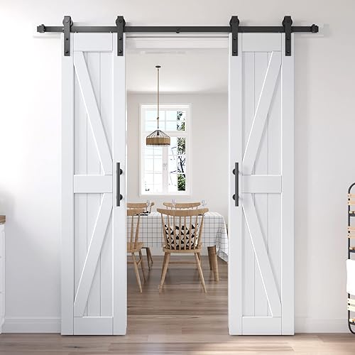 EaseLife Puerta de granero de 36 x 84 pulgadas (puerta doble de 18 x 84 pulgadas) con herrajes para puerta corrediza de 6.6 pies y mango incluidos,