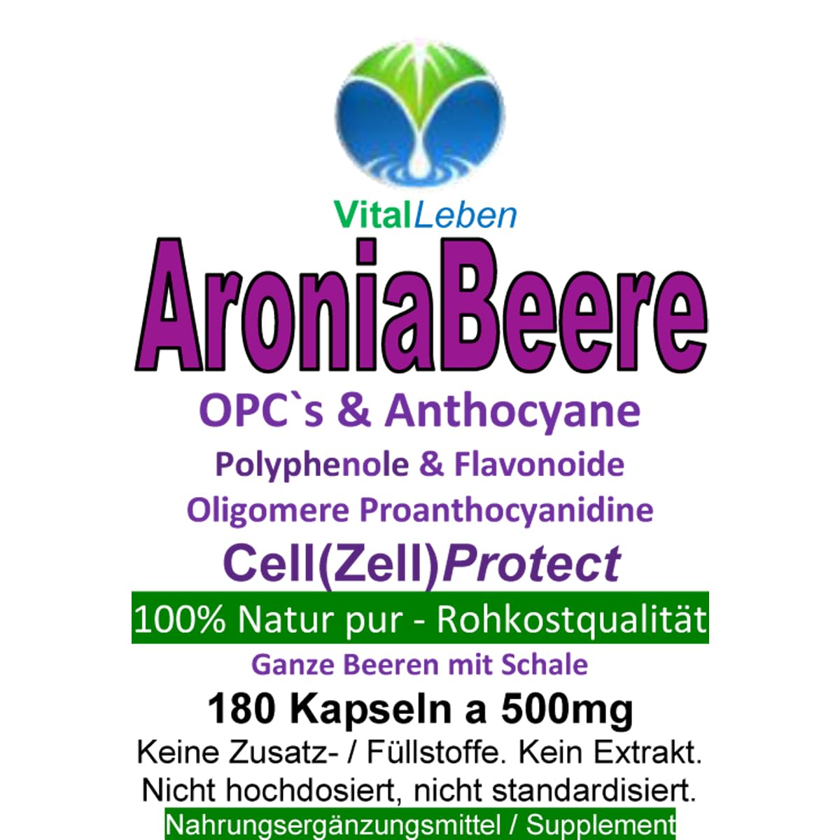 ARONIA PUR 180 Kapseln Aroniabeeren IMMUNSYSTEM + ABWEHKRÄFTE OPC Cell(Zellschutz) Antioxidantien - Polyphenole Anthocyane Flavonoide - NATUR PUR [OHNE ZUSATZSTOFFE] 26845-180