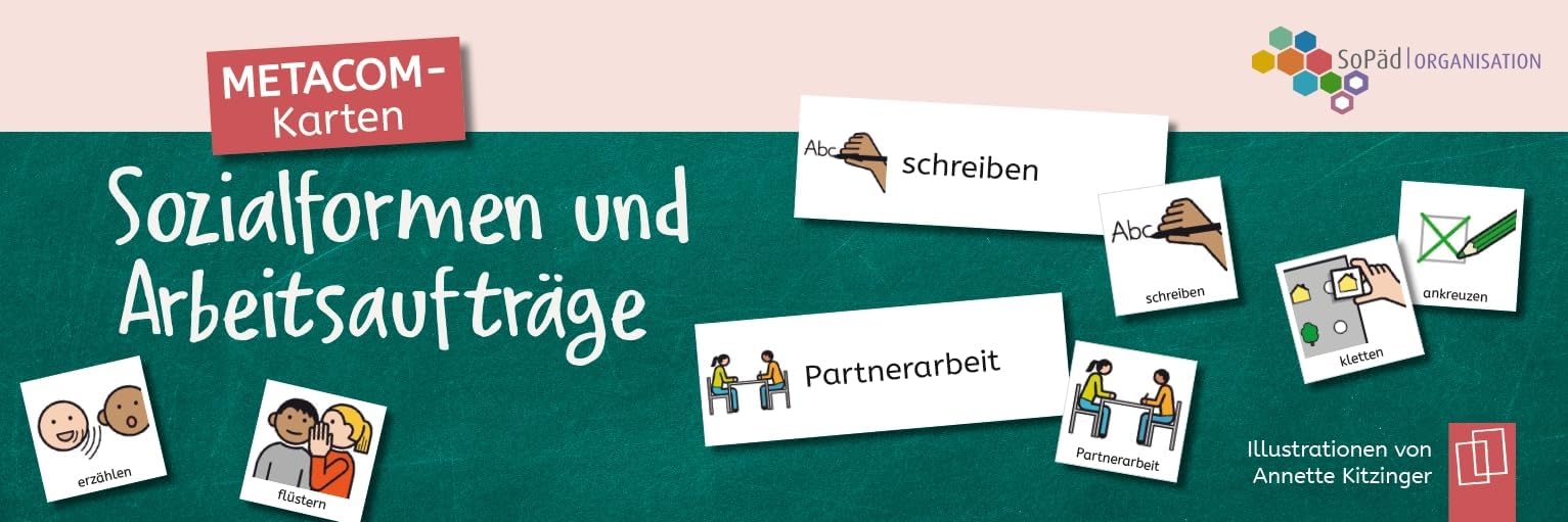 METACOM-Karten: Sozialformen und Arbeitsaufträge: Tafelkarten mit METACOM-Symbolen: Gruppenarbeit, Stuhlkreis, Aufräumen und Co.