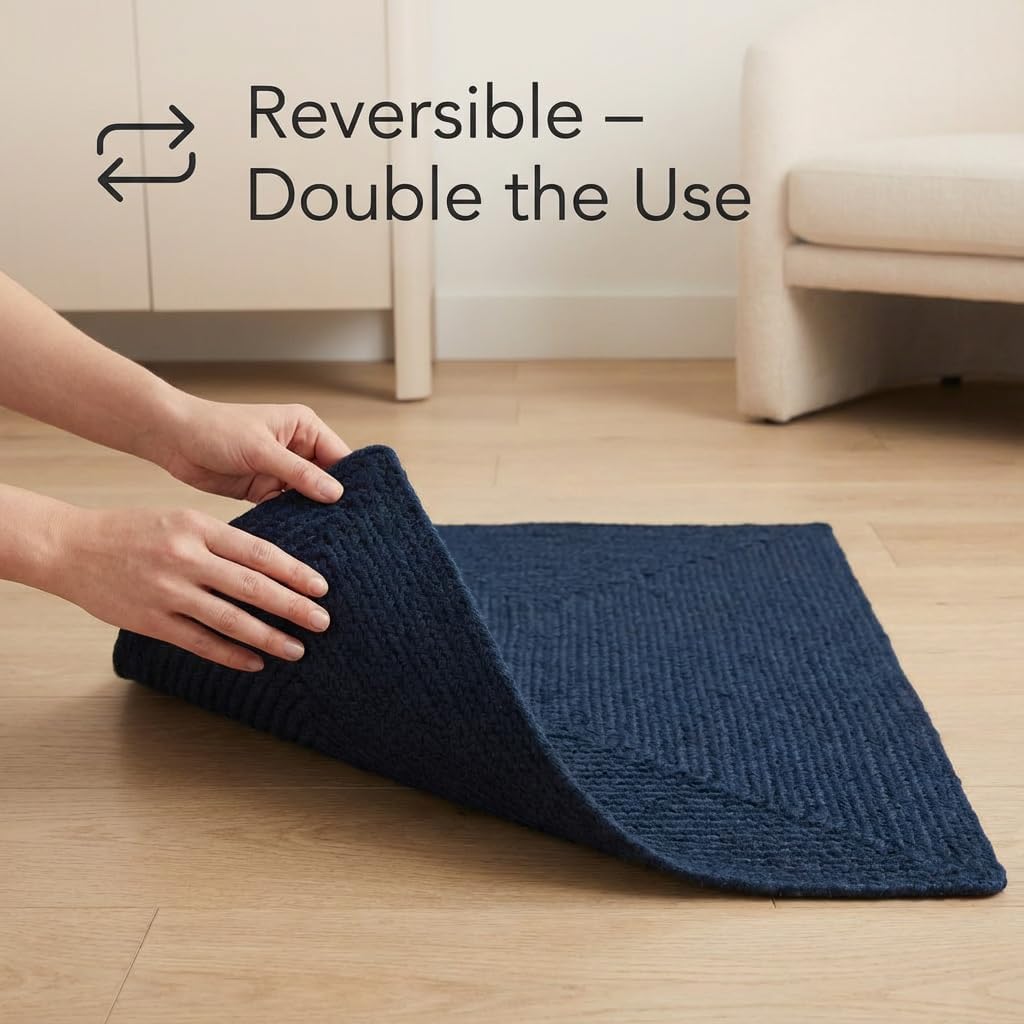 Super Area Rugs Lichfield Braided Kitchen Rug - Door Mat for Front Door - Solid Reversible Indoor/Outdoor Washable Woven Rug Navy 2' x 3' Rectangle