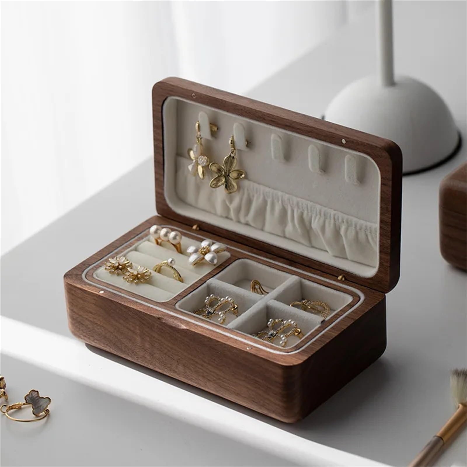 Generisch Contenitore a doppio strato per accessori, custodia in legno, collane, bracciali, orecchini, organizer, regalo di nozze, legno di noce nero (grigio interno)