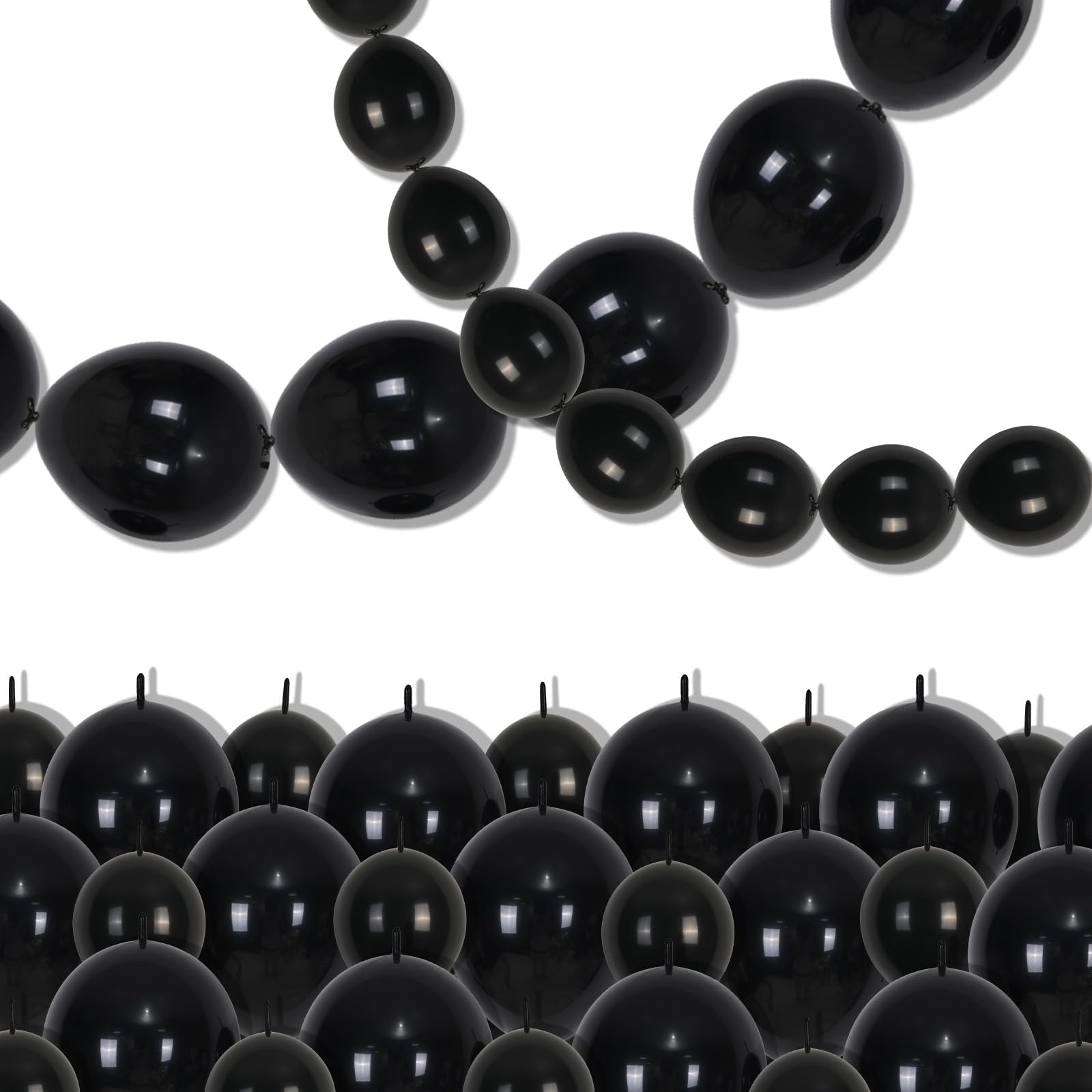 Black Linking Balloons, 120PCS Linked Balloon with Tail for Balloon Wall Arch and Chains, Quick Linkable Balloons for Wedding Birthday Baby Shower
