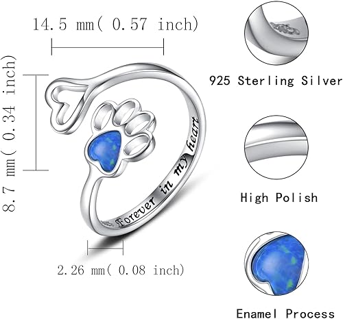 Miniatura 4 de Anillo ajustable de plata de ley 925 con estampado de patas de ópalo para amantes de las mascotas, joyería de animales para cachorros y gatos para