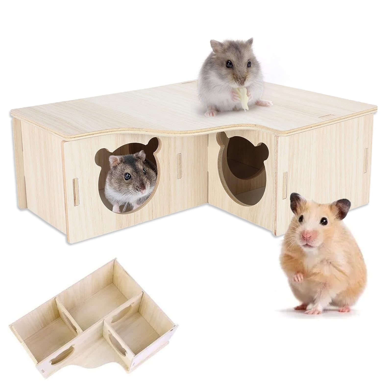 Artomnivera Hamster House Wood 3-Chamber Multi-Room Hideout for Syrian Hamsters, Dwarf Hamsters, Gerbils, and Other Small Animals – Natural Wood Cage Accessory