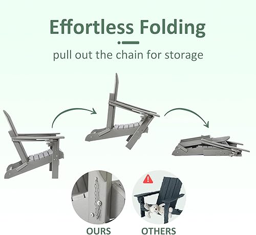 Miniatura 5 de Juego de 2 sillas Adirondack plegables de plástico texturizado de madera HDPE, sillas Adirondack resistentes a la intemperie exteriores con soporte