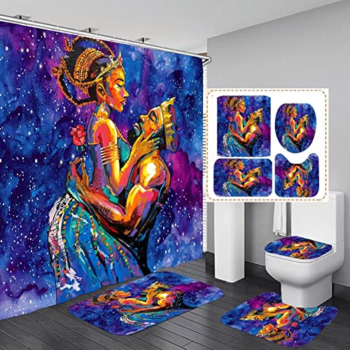 African American Woman Shower Curtains For Bathroom, 4Pcs Bathroom Sets Include 1 Fabric Shower Curtain, 2 Non-Slip Bathroom Rugs And 1 Toilet Lid Cover, Black Girl Bathroom Decor #TOP8
