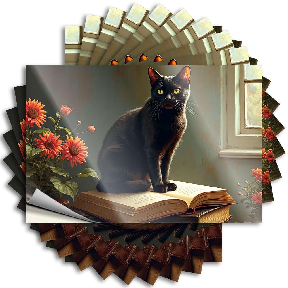 A Black Cat Sits On an Open Book, Surrounded By Vibrant Flowers. Snarky Sticker | Winter Waterproof Vinyl Hat Outdoor Removable Decal Peel Stick(12X18CM)