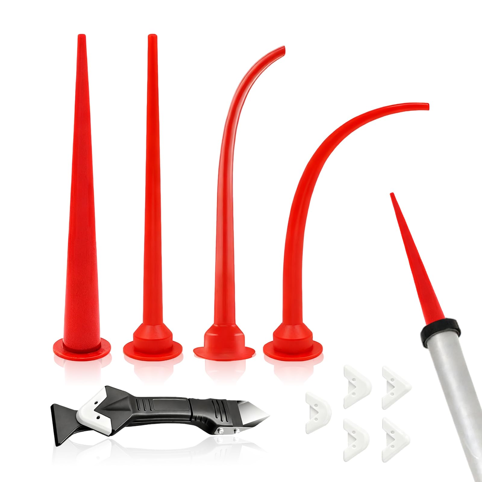 Xiaojnhong 10 Pcs Caulking Gun Nozzles Kit, 30Cm Long Straight And Curved Caulk Nozzles Plastic Cones Nozzle With Multi-Function Squeegee For Construction Sealing Seams Installing Glass