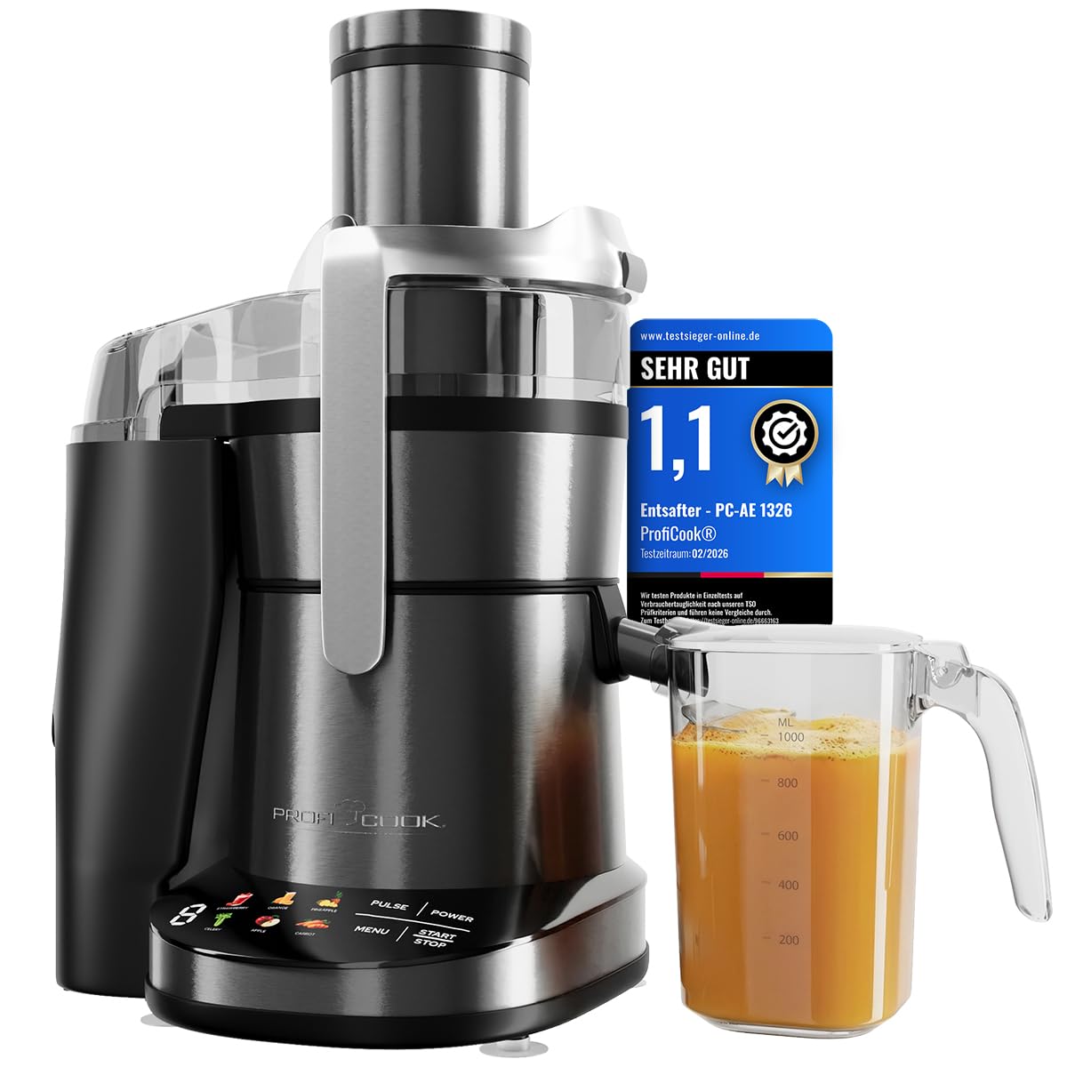 ProfiCook® Entsafter | leicht zu reinigender Slow Juicer | XXL-Einfüllschacht | 1000W Longlife-Motor | feines Mikrosieb | Touch-Display | 6 Stufen | Saftpresse | inkl. Reinigungsbürste | PC AE 1326