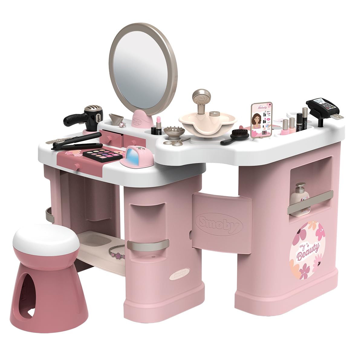 Smoby - My Beauty Kosmetikstudio - 3-in-1 Beauty-Center mit Friseur-, Nagel- & Schminkbereich - Spielset mit Licht & Sound, 26 Zubehörteilen, mit recyceltem Material, für Kinder ab 3 Jahren