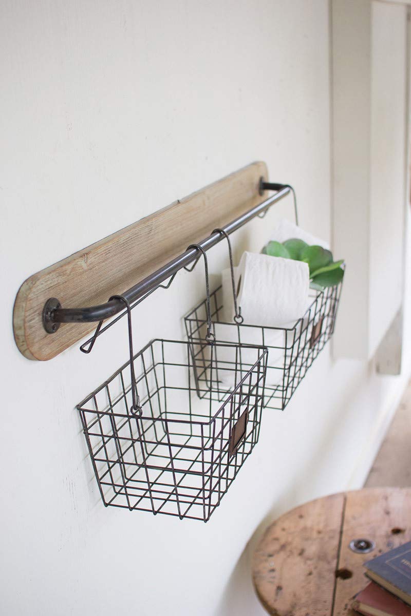 Kalalou Wood and Metal Wire Wall Baskets, One Size, Brown