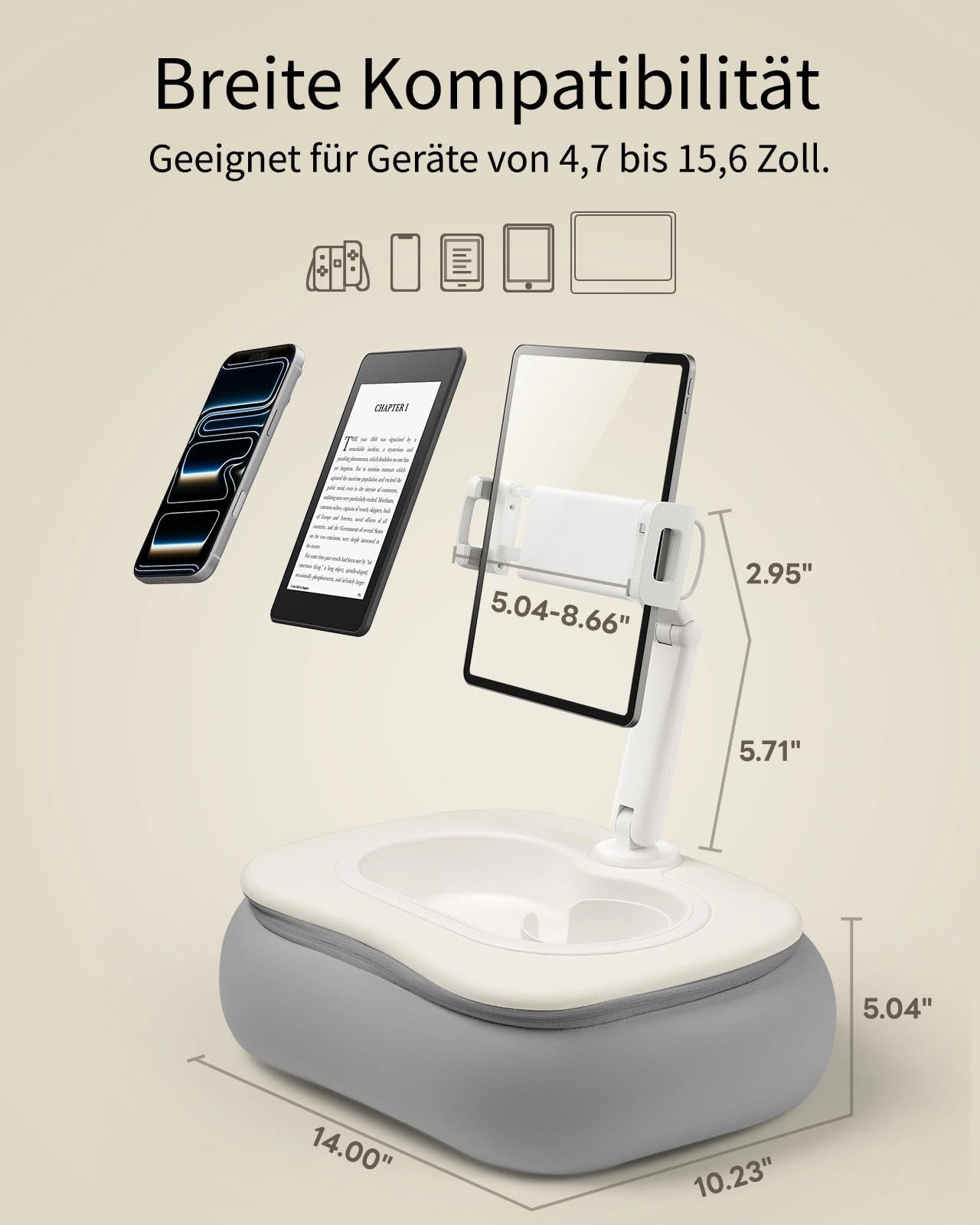 SAIJI Supporto per cuscino per tablet da letto regolabile per iPad con ciotola per snack di qualità alimentare, accessorio per bambini da 4,7 a 15,6 pollici, smartphone, tablet, grigio
