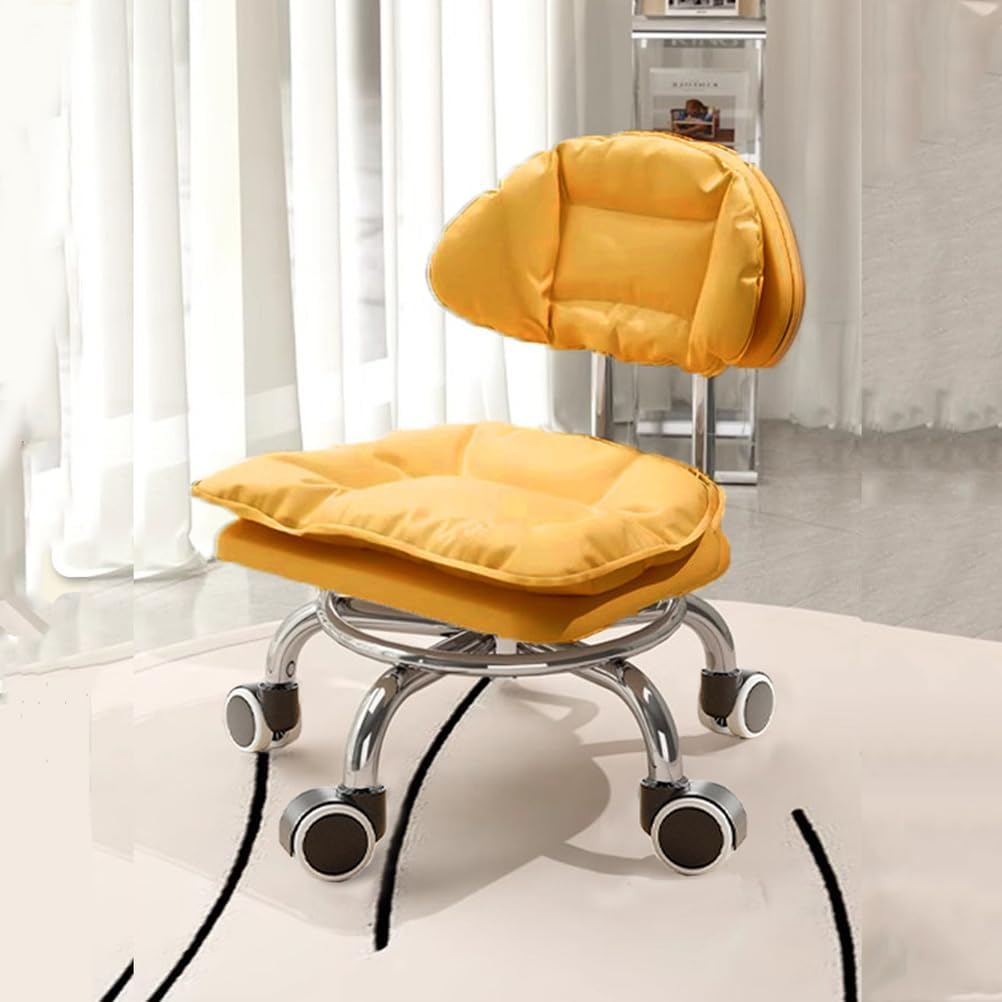 Yellow,A,Rolling Stool with Backrest Low Height Rolling Stool with PU Leather, Roller Stool Chair, Roller Seats for Home, Office, Garage, Shop, Library