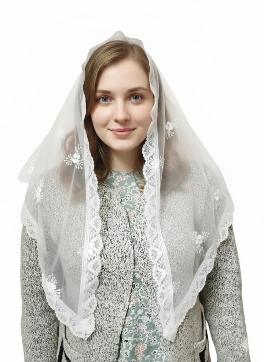 White Triangle Church Scarf(Christian scarf) with Floral Embroidery, with Wig Pin, for Women.-image-19