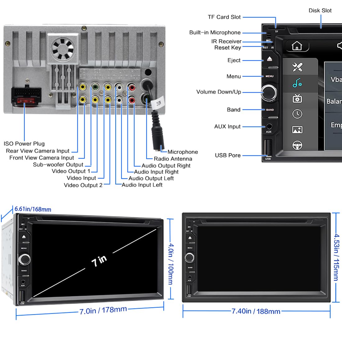 Stéréo de Voiture sans Fil CarPlay et Android Auto avec Lecteur CD/DVD, Écran Tactile Double Din de 6,95 Pouces Autoradio Prise en Charge du Lien Miroir Bluetooth AM/FM USB/TF/AUX