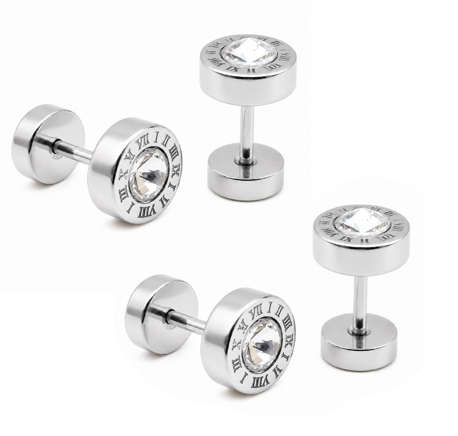 2 Pair Silver Roman Numeral With Crystal Stone Anti-Tarnish Round Stud Earrings-picture-55