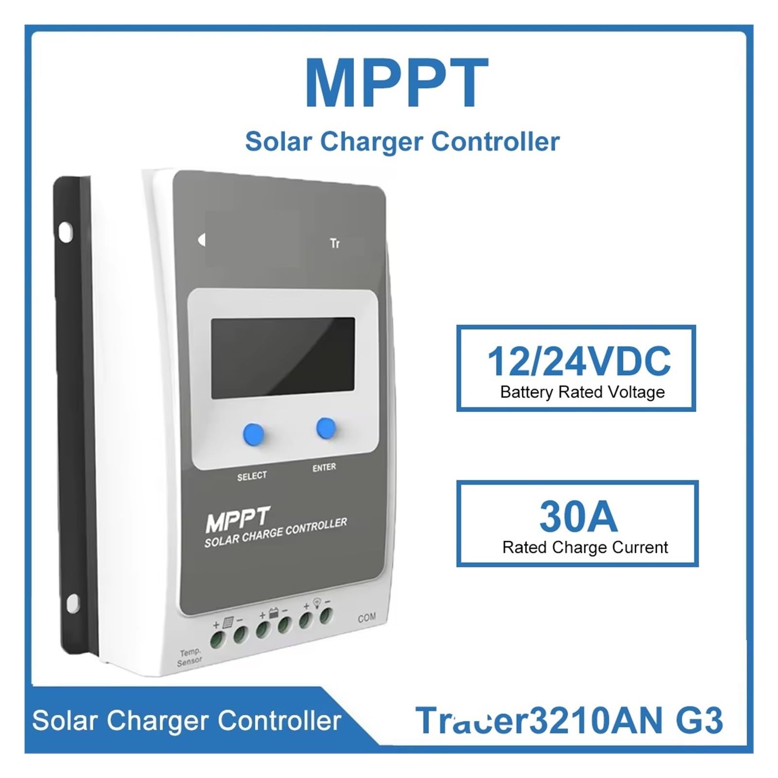 Controlador de Carga Solar Tacer3210AN G3 30A MPPT Controlador de Carga Solar 12V 24V Regulador MPPT for vehículos recreativos