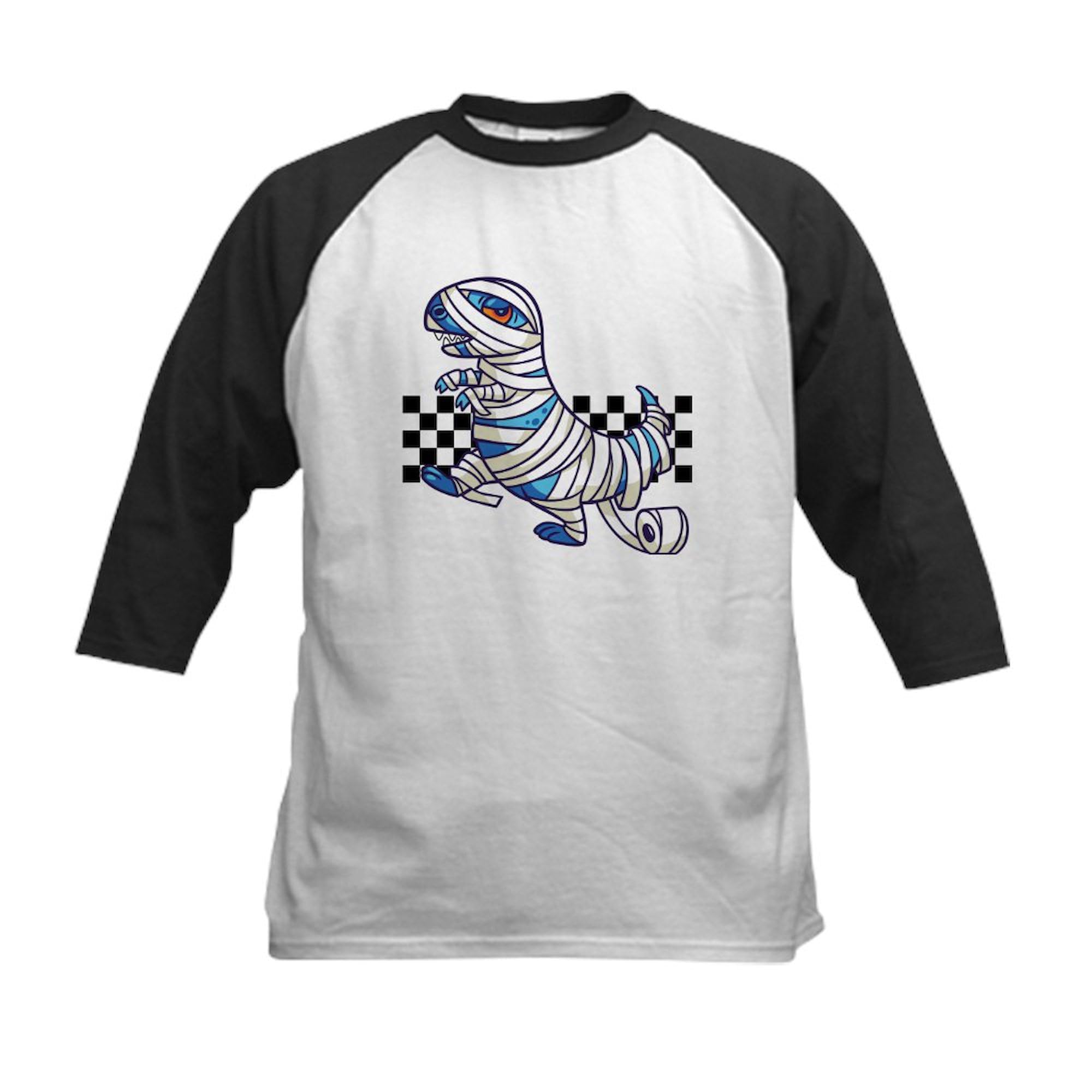 CafePress Halloween Dinosaur Mummy Kids Baseball T Shirt Kids Cotton Baseball Jersey, 3/4 Raglan Sleeve Shirt Black/White