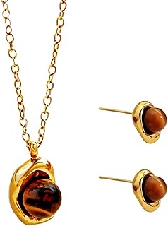 Gold-Tond Tigers Eye Stone Necklace Earrings Set Chunky Gemstone Pendant Dangle Set, Elegant Prom Stunning Jewelry Set
