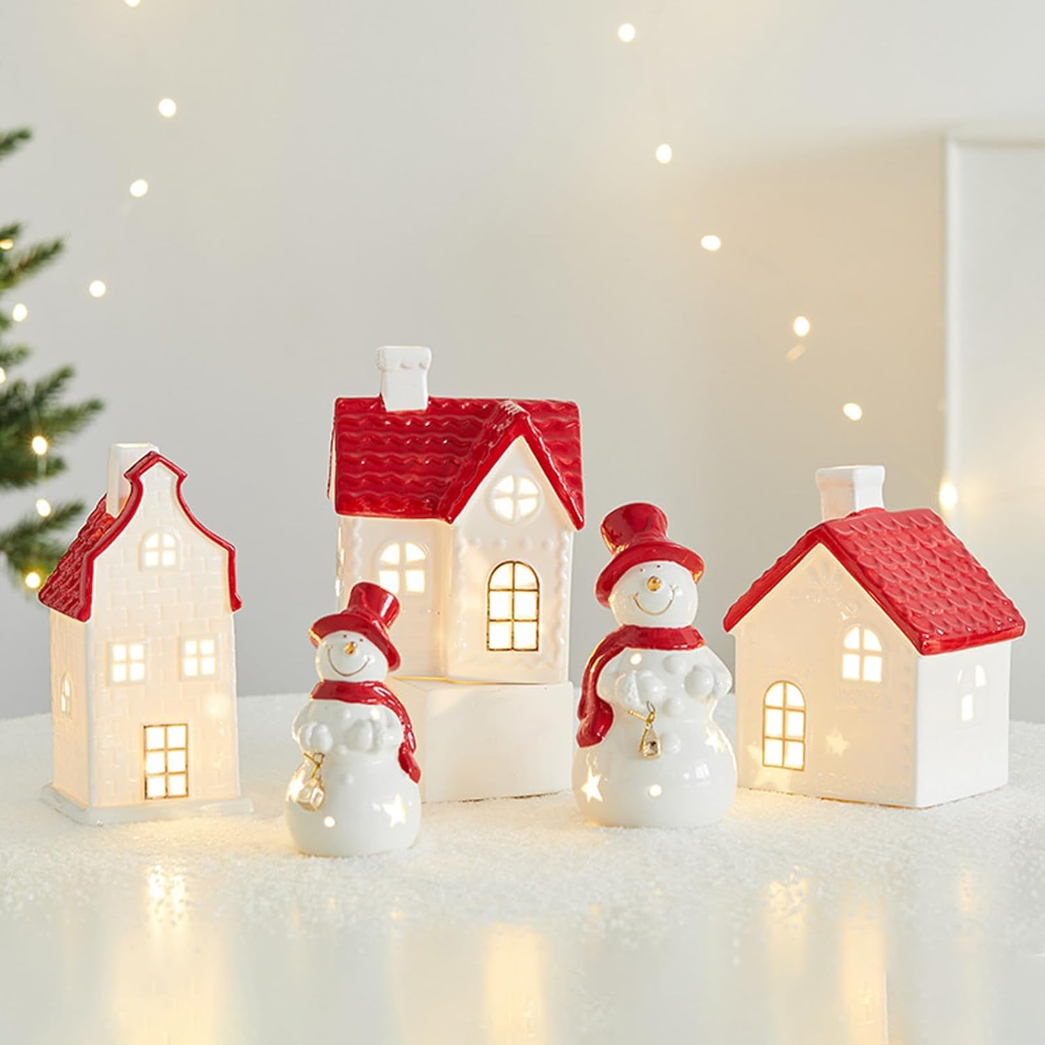 LED Lighted Ceramic Christmas Village House Snowman Deer Figurine for Holiday Homes Tabletop Mantels Shelf Decors