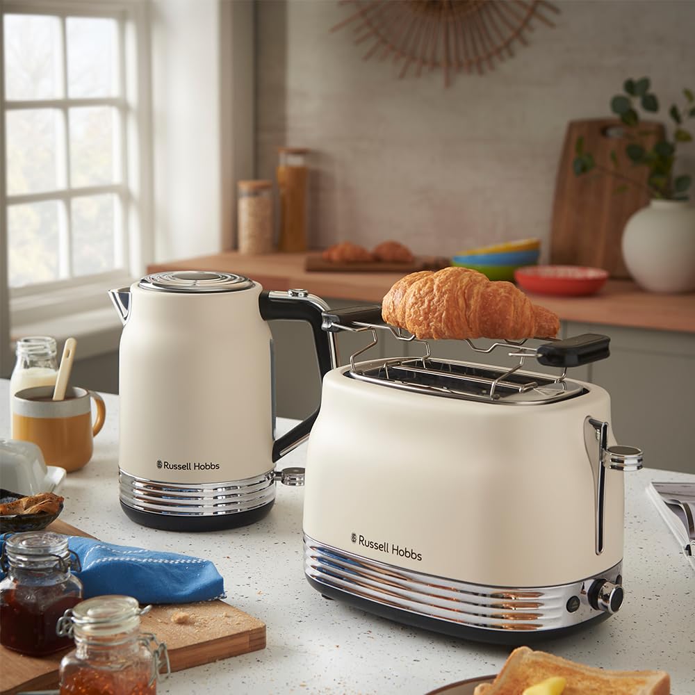 Russell Hobbs Toaster [für 2 Scheiben] Hanley Crème-Weiß (6 Bräunungsstufen, extra breite Toastschlitze, Auftauen/Aufwärmen/Stoppfunktion, Brötchenaufsatz, Krümmelschublade, Lift & Look) 28650-56