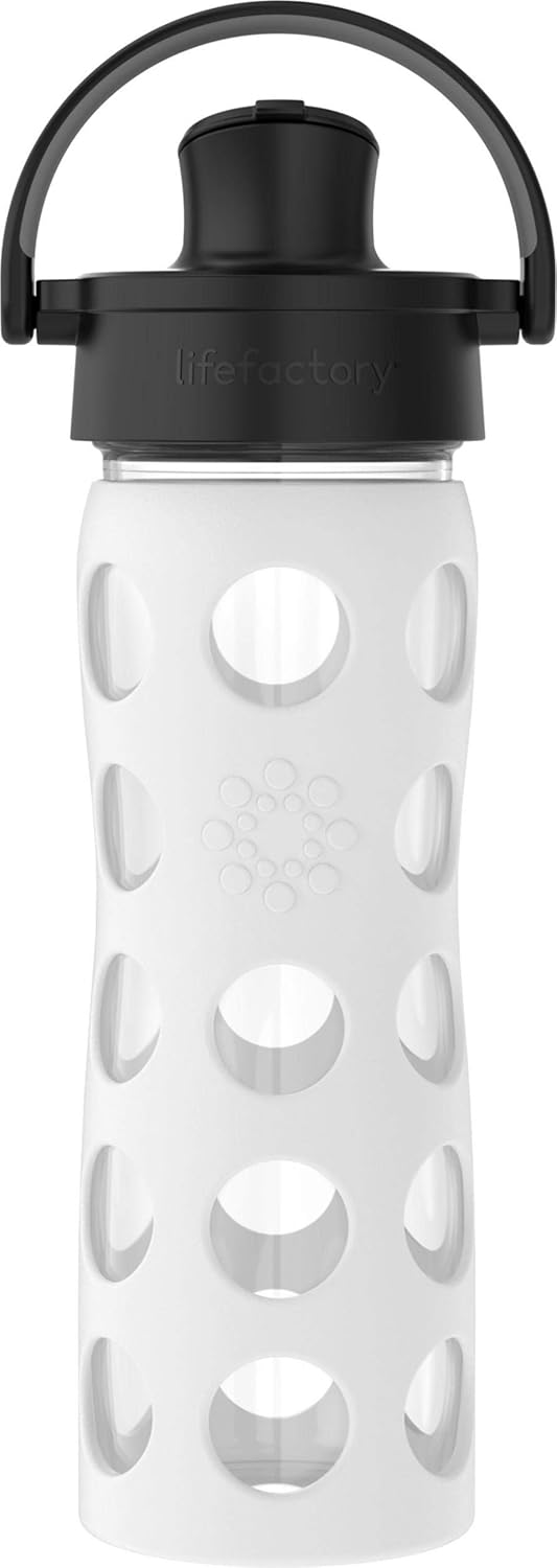 Lifefactory 16-Ounce Glass Water Bottle with Active Flip Cap and Protective Silicone Sleeve, Optic White