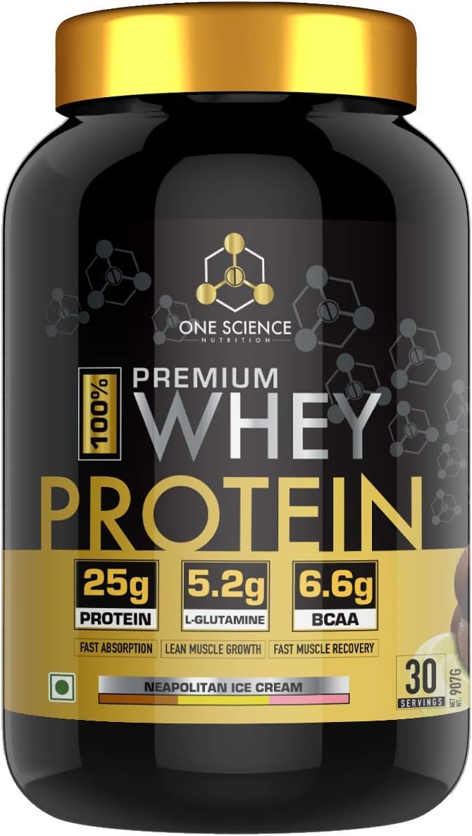 One Science Nutrition (OSN) Premium Whey Protein [Grass Fed Whey] - 25g Protein, 6.6g BCAA & 5.2 gms L-Glutamine | Refuels & Repairs Muscles - 2 lbs - Neapolitan Ice Cream