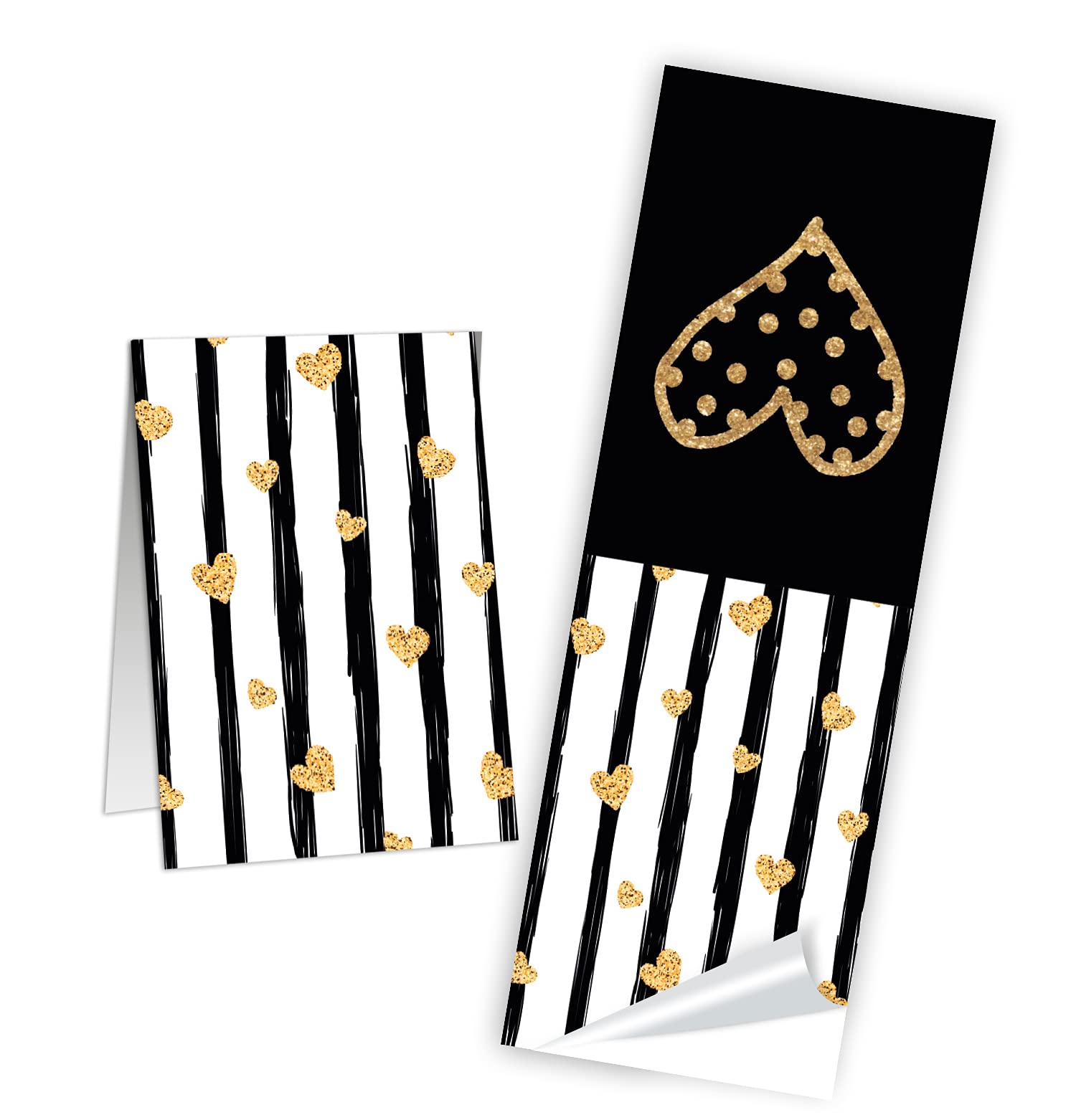 Logbuch-Verlag 10 pegatinas alargadas para regalo, color negro, blanco y dorado con corazones, pegatinas de corazón para regalos, envoltorios y álbumes de recortes
