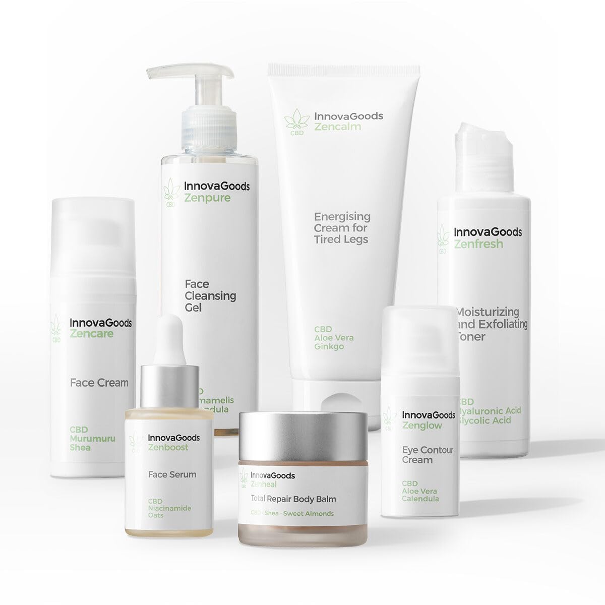 InnovaGoods® Set de rutina facial y corporal con CBD, Set de cuidado para la piel con Ingredientes naturales, pack de 7 piezas ideal, hidrata e ilumina tu piel, apto para pieles sensibles
