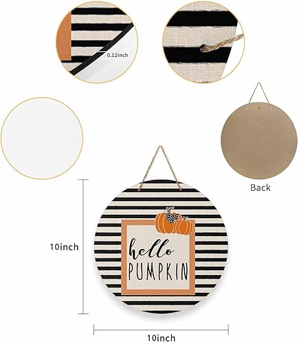 Miniatura 2 de Letrero de bienvenida para decoración de puerta delantera, calabaza de otoño, rayas rústicas negras y blancas, coronas de 10 pulgadas, decoración