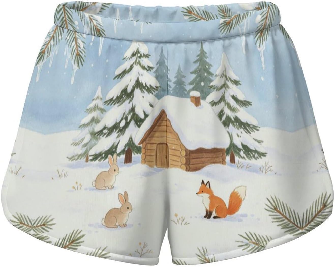 Snowy Cabin Forest Scene Novelty Floral Tropical Print Shorts Ladies Lightweight Loose Holiday Beach Shorts