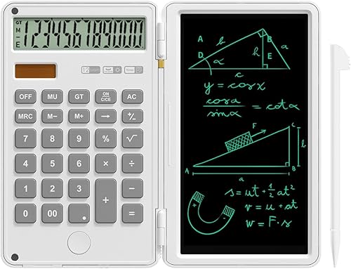 Calculator with Writing Pad,12-Digit LCD Display, Dual Power Solar + Coin Cell,1-Yr Battery Life Silicone Keys for Comfort Lightweight Portable for