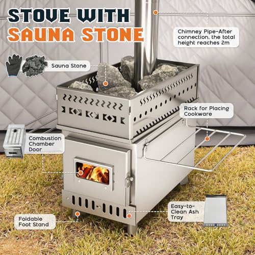 Albott Outdoor Sauna Tent with Wood Burning Stove, 4-6 Person Portable Sauna Tent, 8.2 x 8.2 x 6.7 FT, 3-Layer Thermal Oxford Fabric, Pop-Up Setup, Open-View Windows, Ground Nails & Wind Ropes, Grey - Thumbnail 4