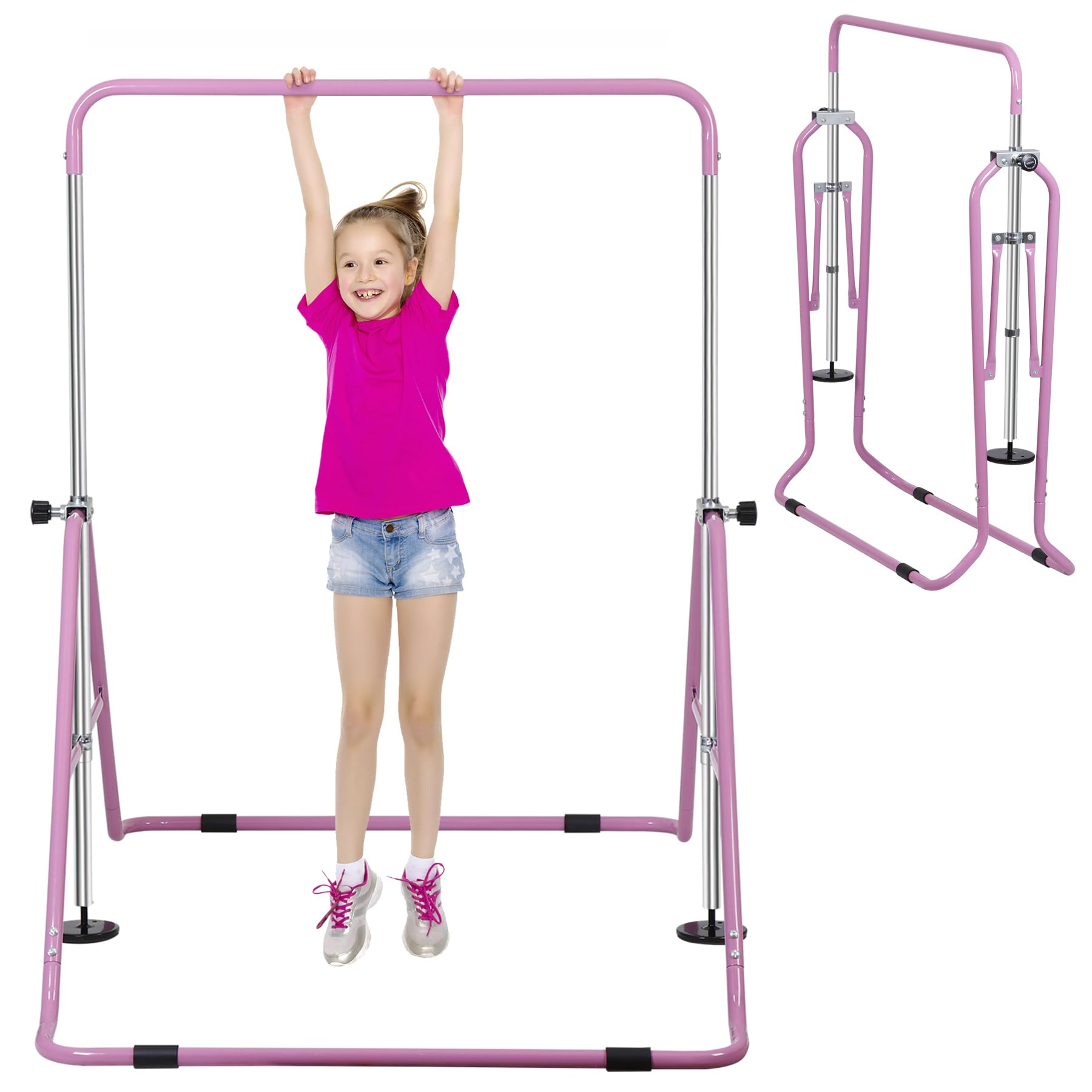JupiterForce Gymnastics Bar for Kids, Adjustable Height Gymnastic Horizontal Bars, Junior Training Kip Bar, Folding Gymnastics Equipment for Home, Pink