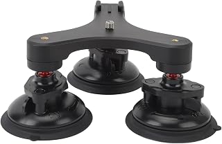 Car Suction Cup Camera Holder with Triple Cup, Aluminum 1/4 Inch Thread, 360° Ball Head Adjustable Mount - Heavy Duty Suction for Action Cameras and Smartphones, Versatile