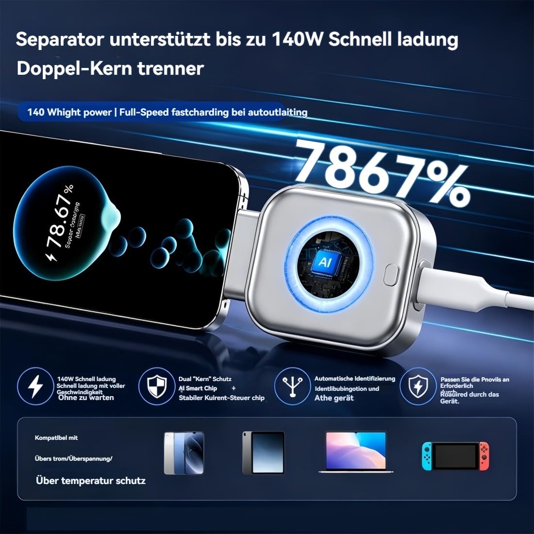 Caricabatterie Rapido Intelligente Da 140 W Con Spegnimento Automatico, Adattatore Di Ricarica Rapida Con Spegnimento Automatico, Goditi La Libertà Della Ricarica Super Veloce(D)