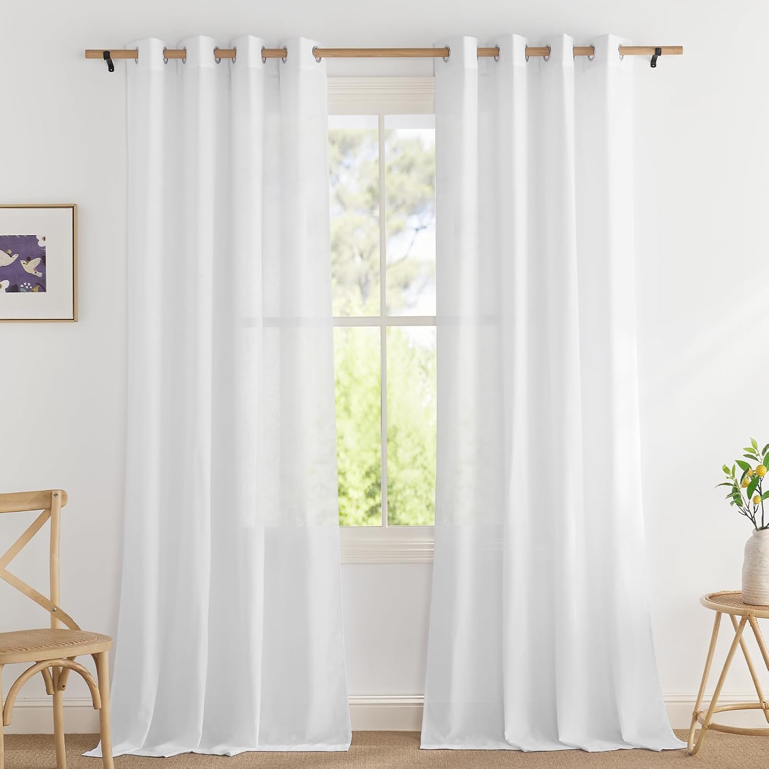 PONY DANCE Linen Look Curtains Living Room Modern Curtains White Semi-Transparent Set of 2 H 245 x W 140 cm with Eyelets Semi-Sheer Curtains for Living Room/Bedroom
