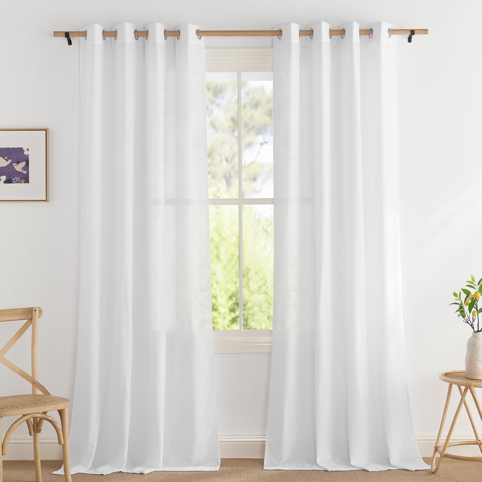 PONY DANCE Cortinas Salon Modernas 2 Piezas, Visillos Semi Translucidos de Lino con Ojales para Dormtiorio Matrimonio/Comedor,140x245cm(AnxAl),Blanco OEKO-TEX STANDARD 100