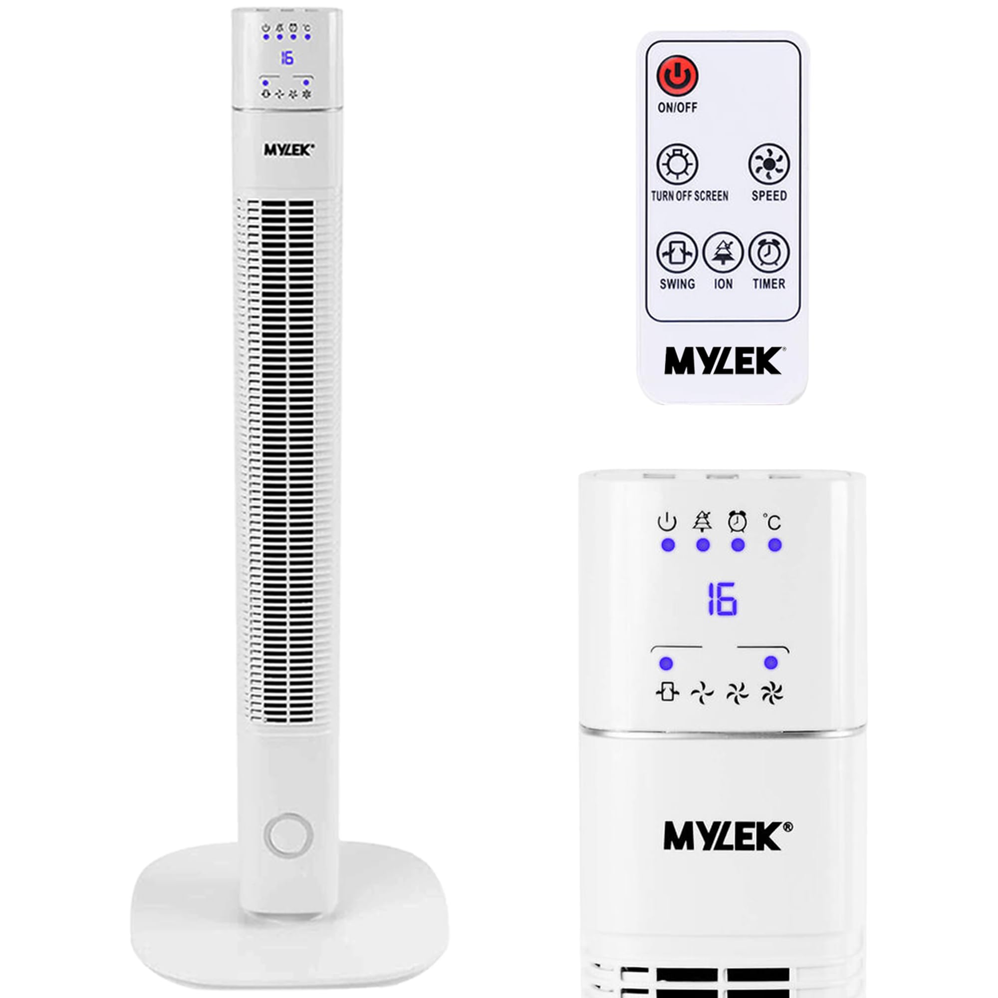 MYLEK Tower Fan 36 Inch Oscillating Slim Floor Standing Cool Air Circulator, Remote Control, Timer, Ioniser, Quiet, 3 Cooling Settings, Temp Display, Bedroom, Home Or Office (White)
