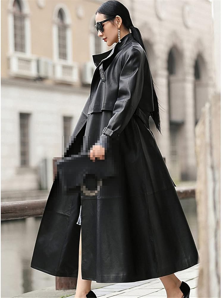 EDSNHG Women Black Long Leather Trench, Belt Raglan Sleeve