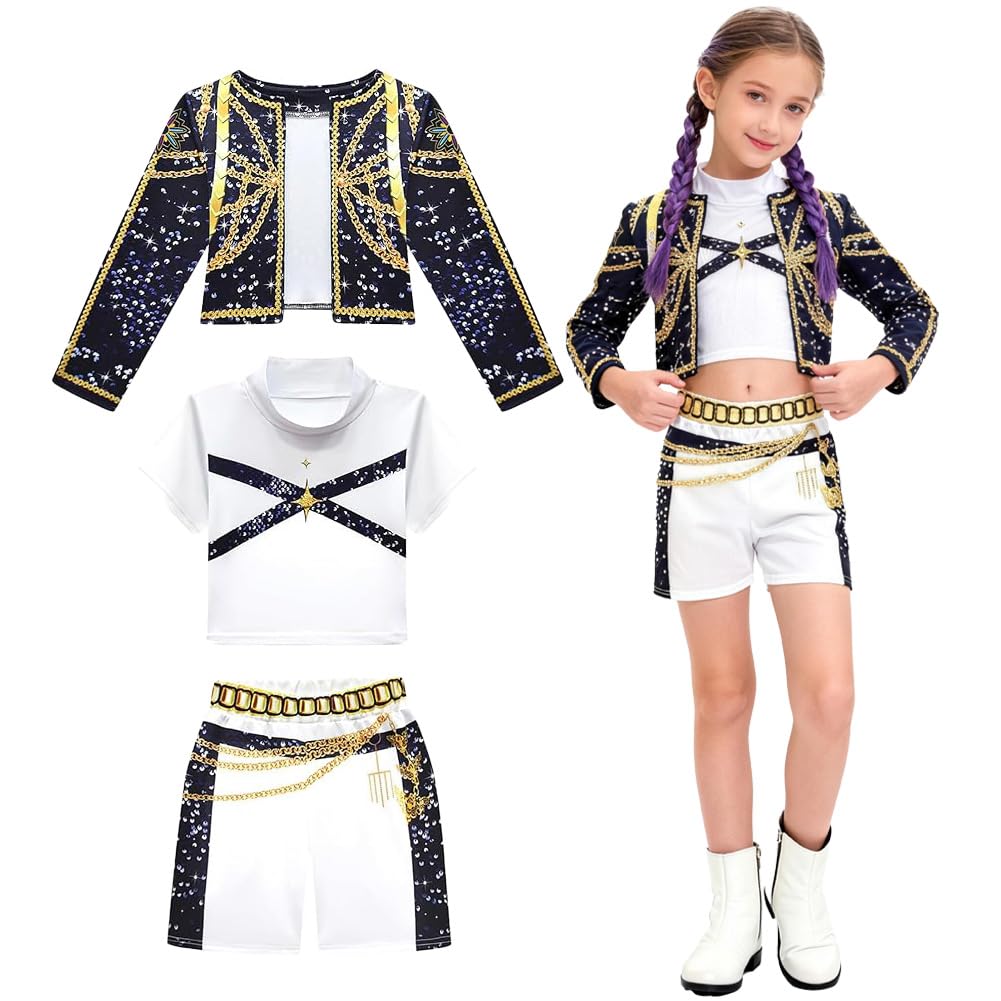 Demon Hunters Kostüm, Anime Cosplay Costume mit Weste, Jacke, Shorts/Röcken, Koreanpop Kostüm Mädchen, Demon Popstar Kinderkostüme für Geburtstag Karneval Fasching Cosplay Party